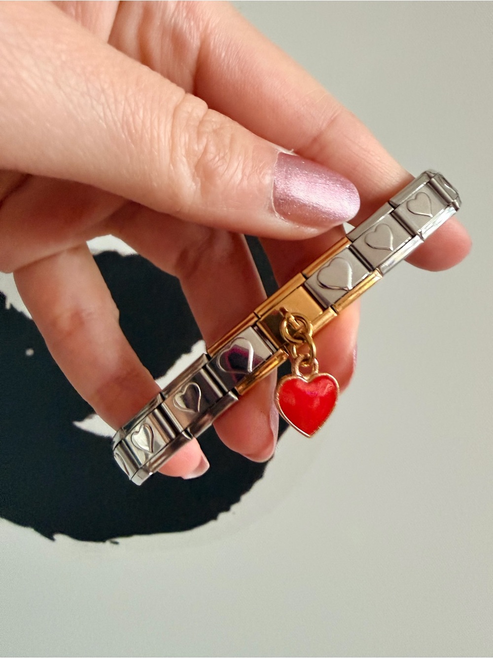 Red Heart Dangle Italian Charm Bracelet – Stainless Steel & Gold Tone Accent